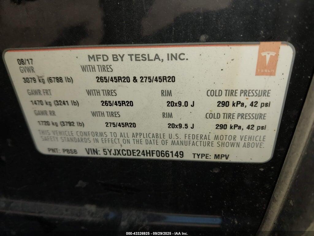 5YJXCDE24HF066149 2017 TESLA MODEL X photo no. 9