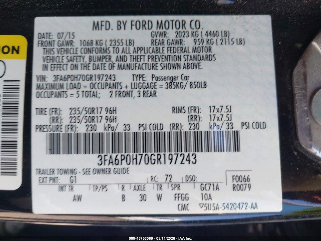 3FA6P0H70GR197243 2016 FORD FUSION photo no. 9