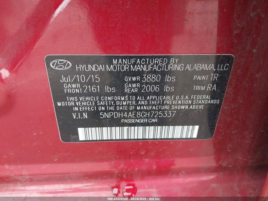 5NPDH4AE8GH725337 2016 HYUNDAI ELANTRA photo no. 9