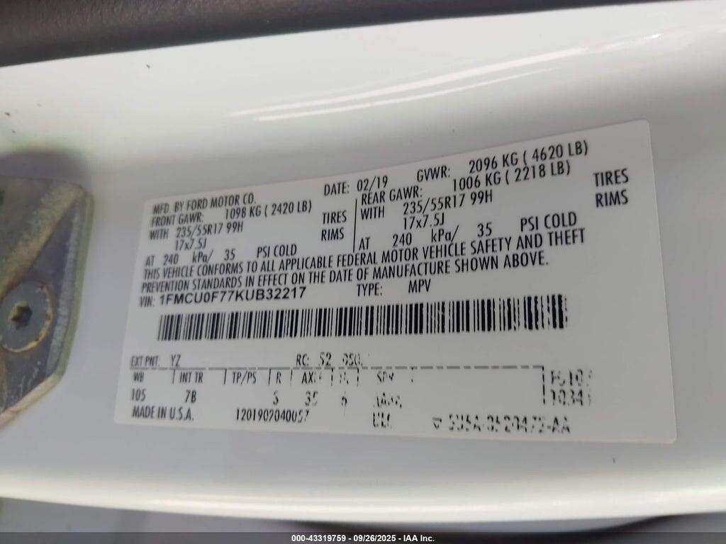 1FMCU0F77KUB32217 2019 FORD ESCAPE photo no. 9