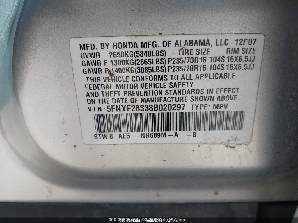 5FNYF28338B020297 2008 HONDA PILOT photo no. 9