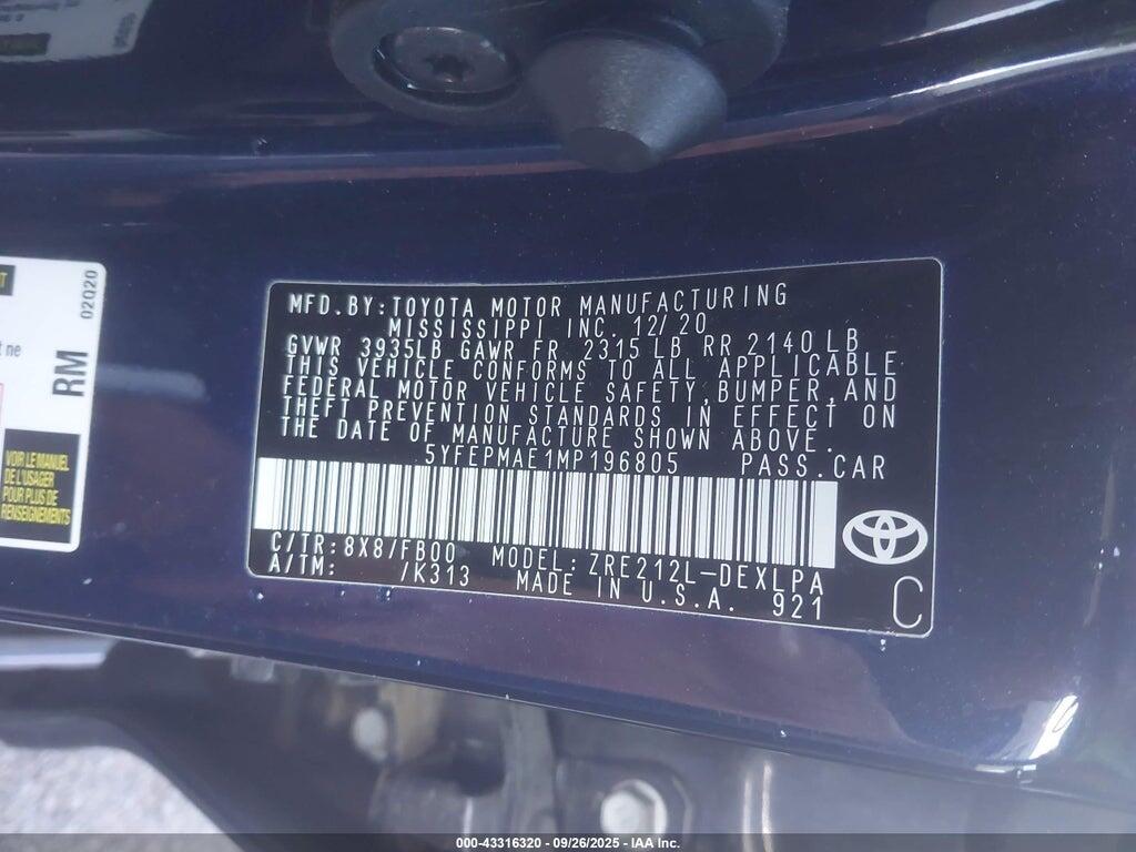 5YFEPMAE1MP196805 2021 TOYOTA COROLLA photo no. 9