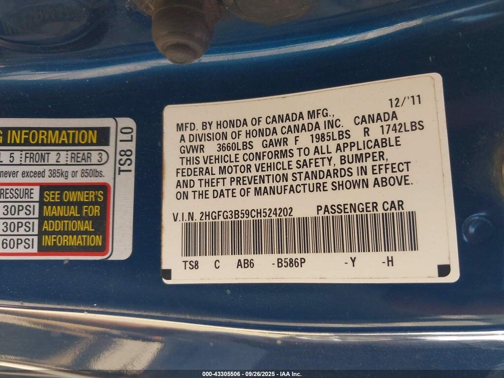 2HGFG3B59CH524202 2012 HONDA CIVIC photo no. 9