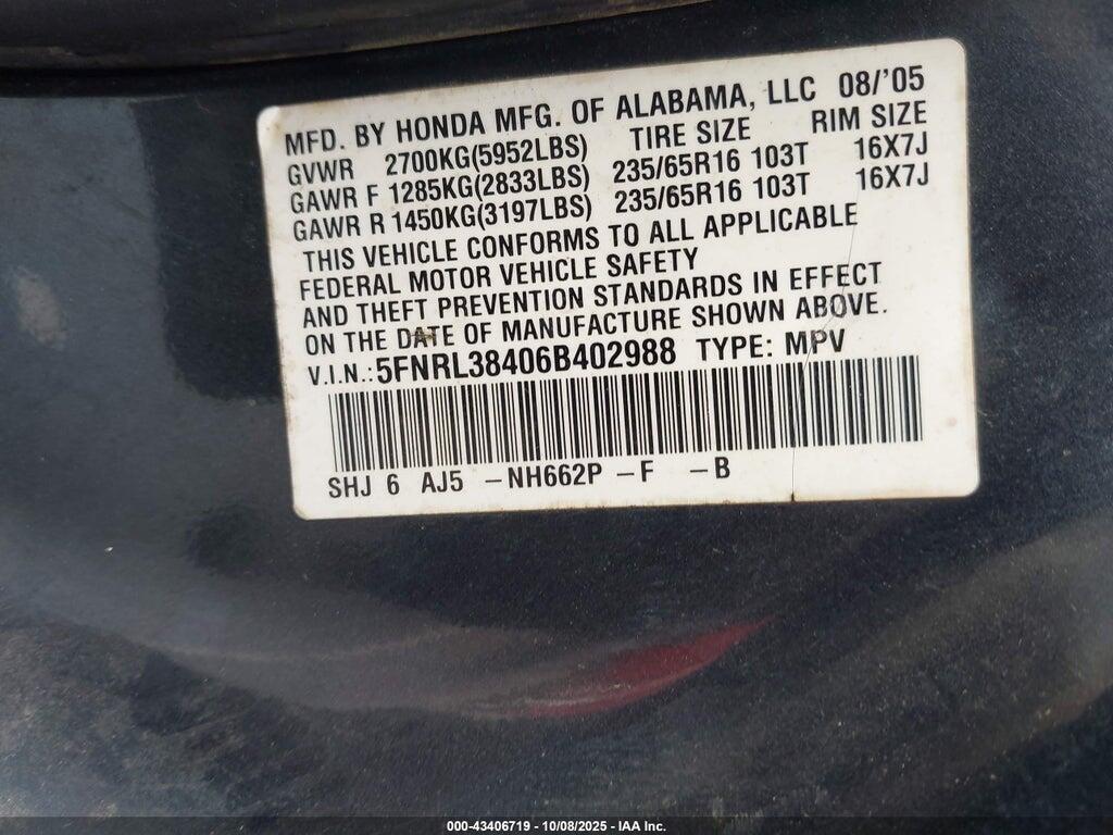 5FNRL38406B402988 2006 HONDA ODYSSEY photo no. 9