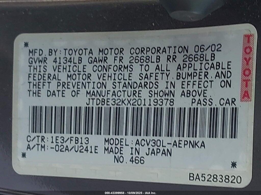 JTDBE32KX20119378 2002 TOYOTA CAMRY photo no. 9