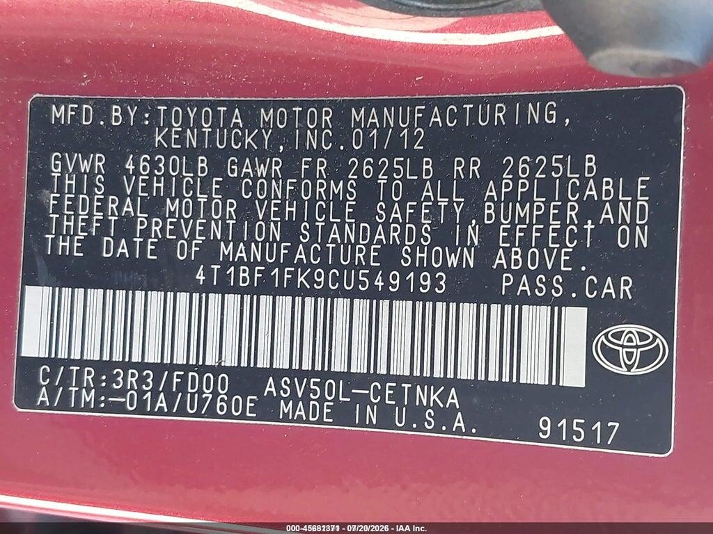 4T1BF1FK9CU549193 2012 TOYOTA CAMRY photo no. 9