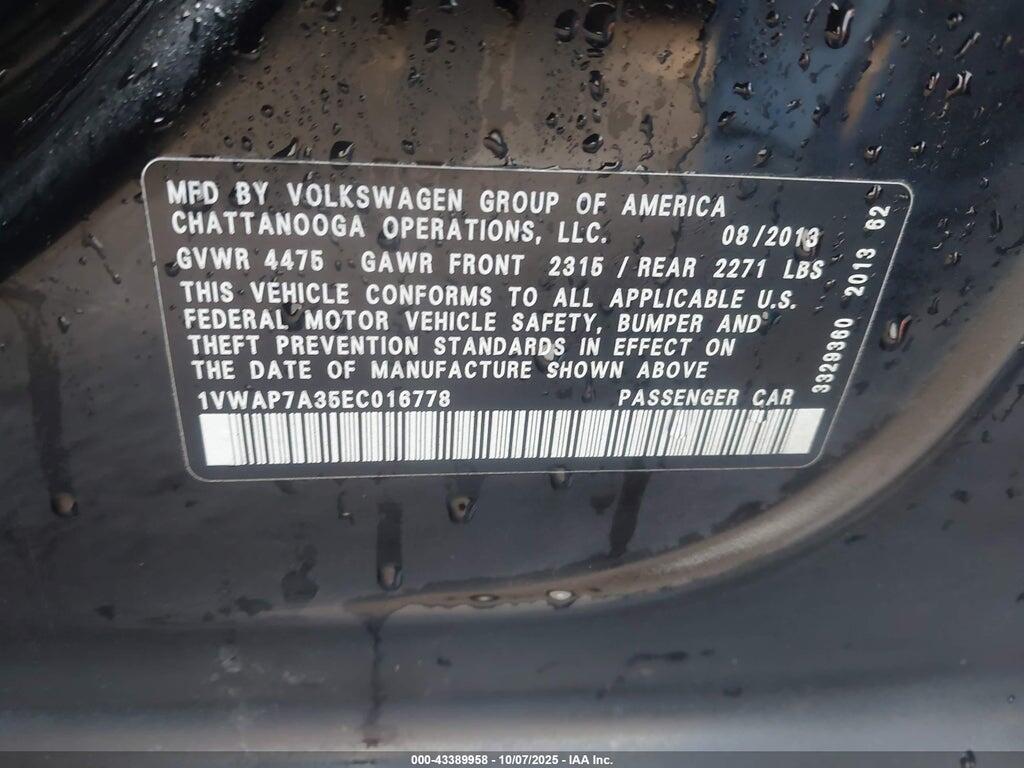 1VWAP7A35EC016778 2014 VOLKSWAGEN PASSAT photo no. 9