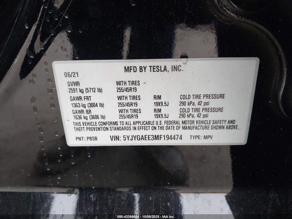 5YJYGAEE3MF194474 2021 TESLA MODEL Y photo no. 9