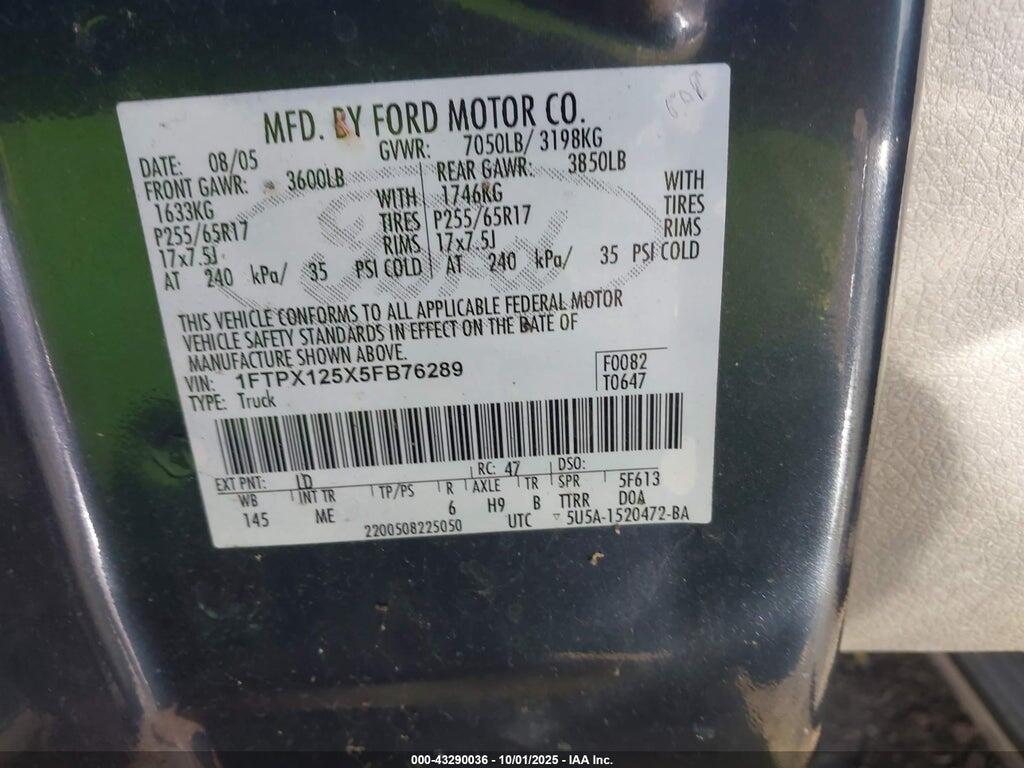 1FTPX125X5FB76289 2005 FORD F-150 photo no. 9