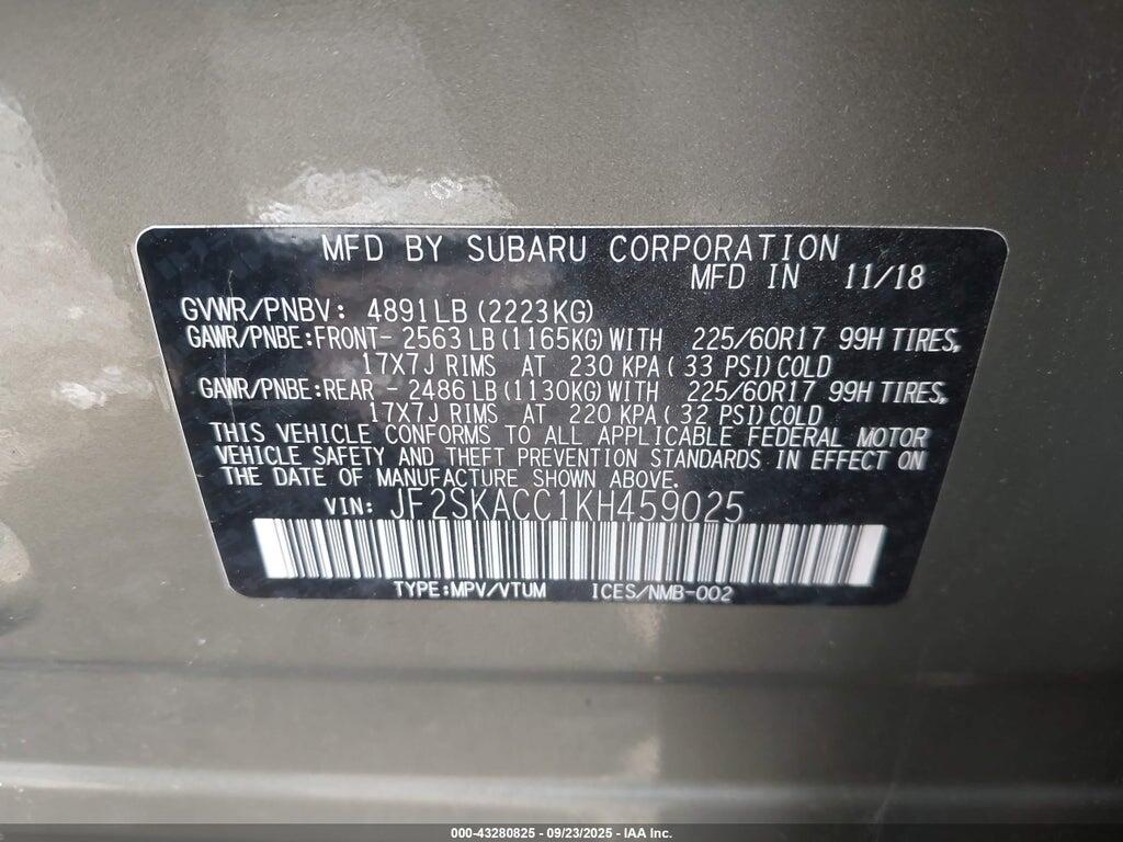 JF2SKACC1KH459025 2019 SUBARU FORESTER photo no. 9