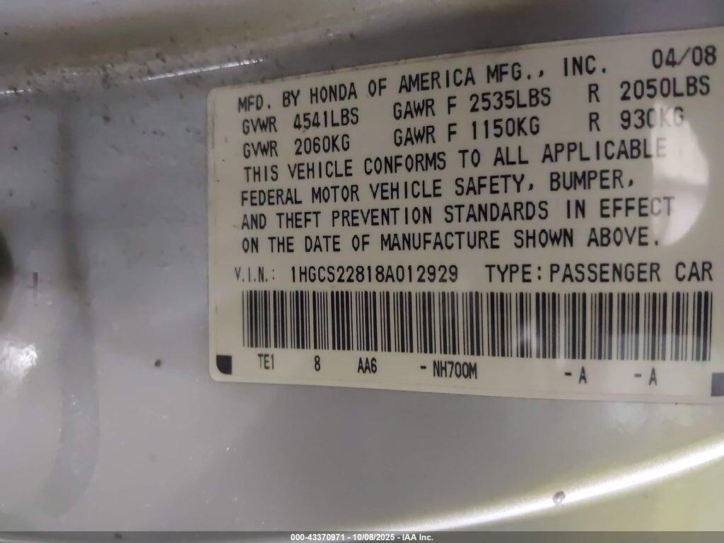 1HGCS22818A012929 2008 HONDA ACCORD photo no. 9