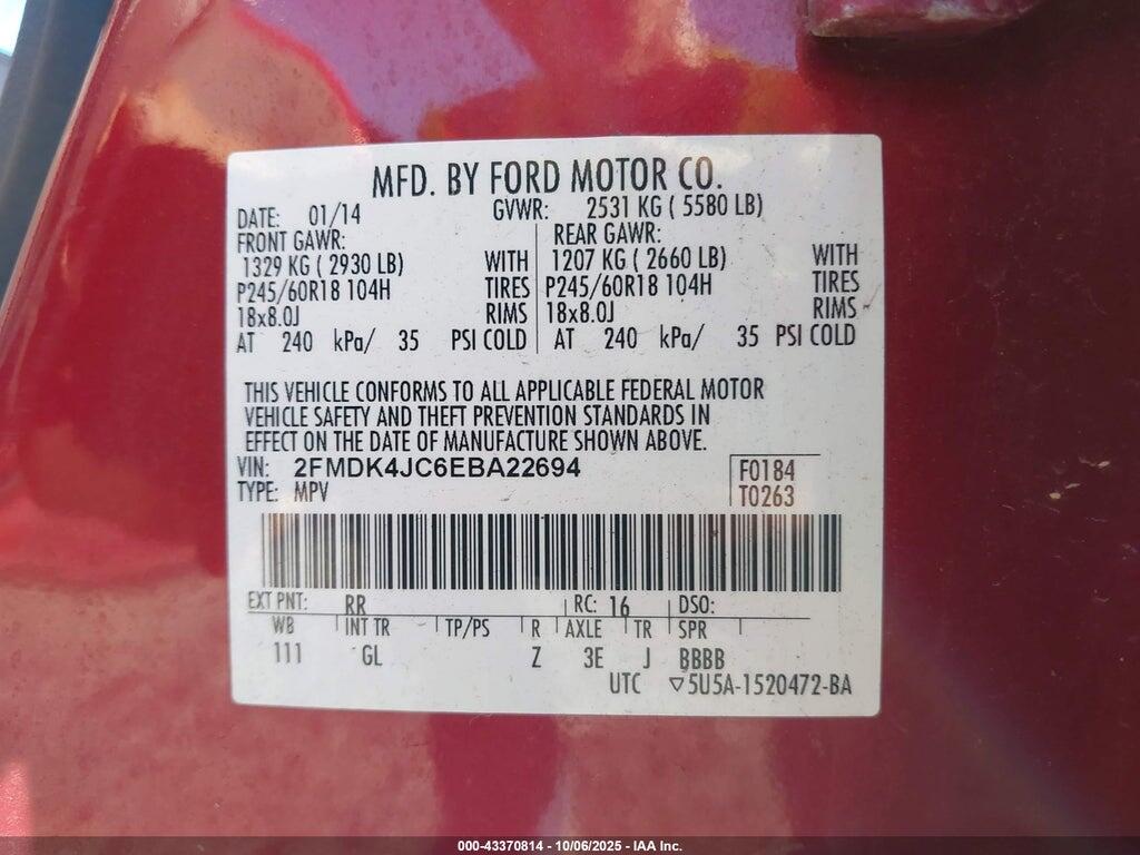 2FMDK4JC6EBA22694 2014 FORD EDGE photo no. 9