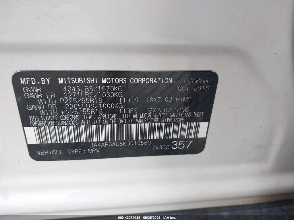 JA4AP3AU8KU010560 2019 MITSUBISHI OUTLANDER SPORT photo no. 9