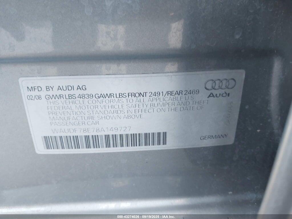 WAUDF78E78A149727 2008 AUDI A4 photo no. 9