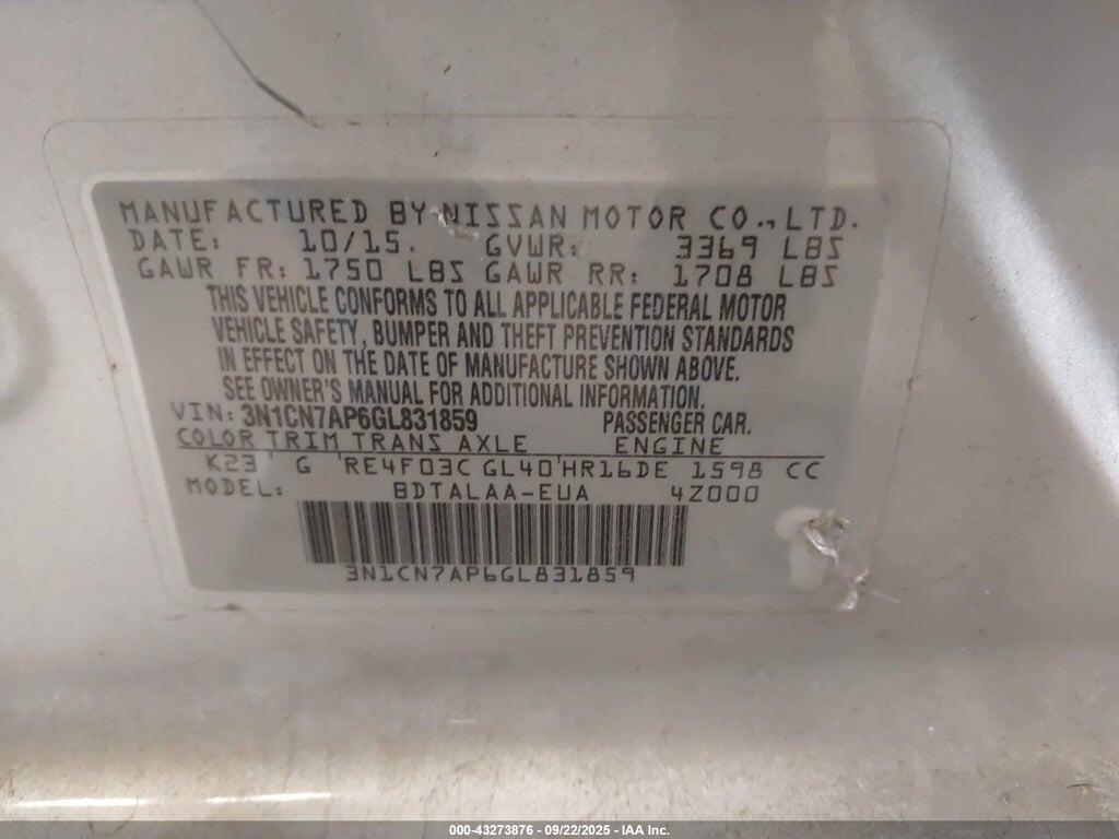 3N1CN7AP6GL831859 2016 NISSAN VERSA photo no. 9