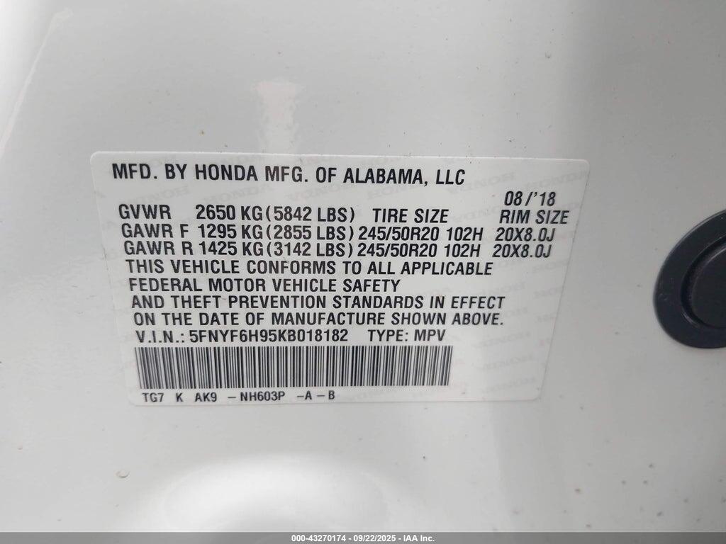 5FNYF6H95KB018182 2019 HONDA PILOT photo no. 9