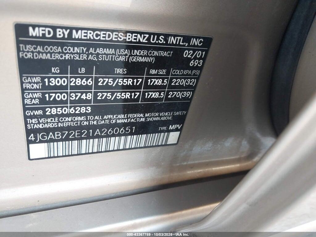 4JGAB72E21A260651 2001 MERCEDES-BENZ ML 430 photo no. 9