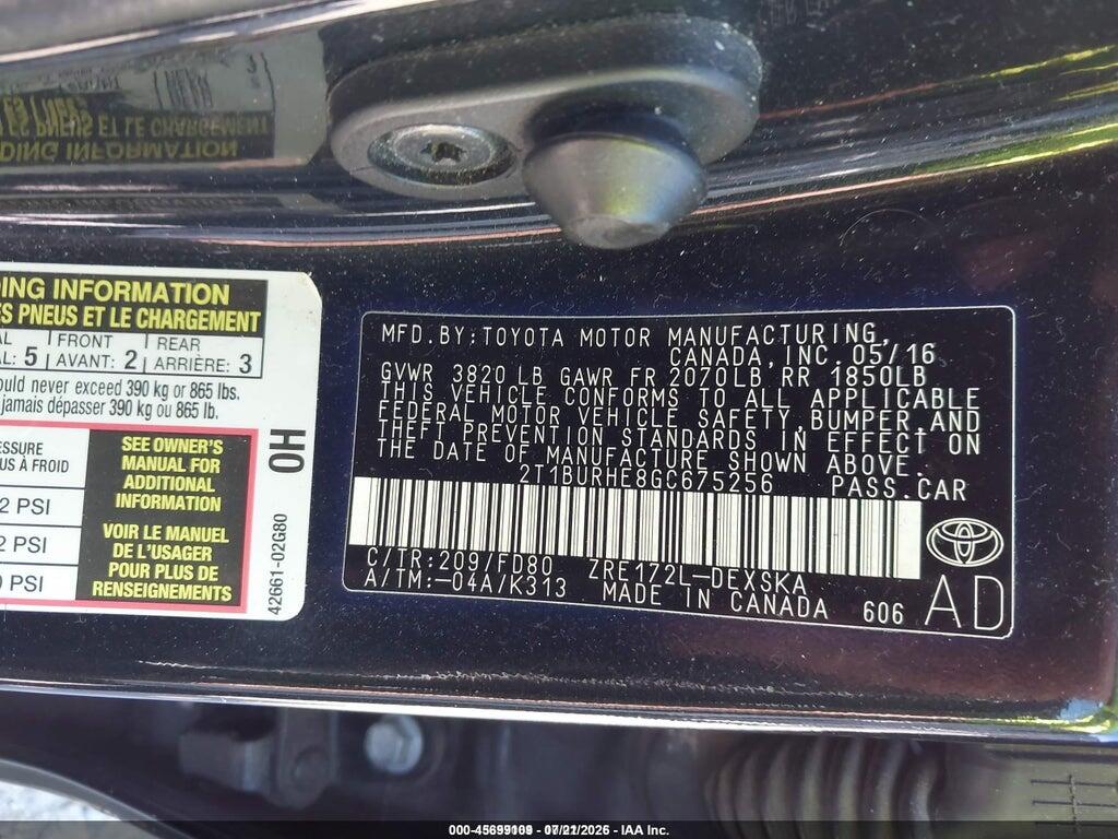 2T1BURHE8GC675256 2016 TOYOTA COROLLA photo no. 9