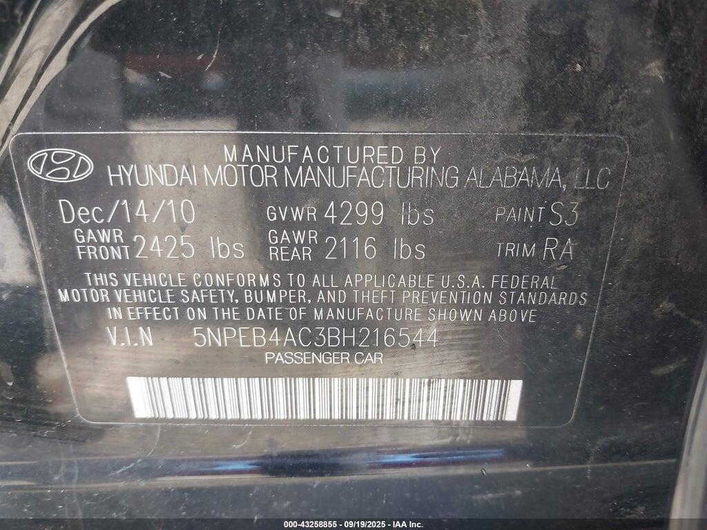 5NPEB4AC3BH216544 2011 HYUNDAI SONATA photo no. 9