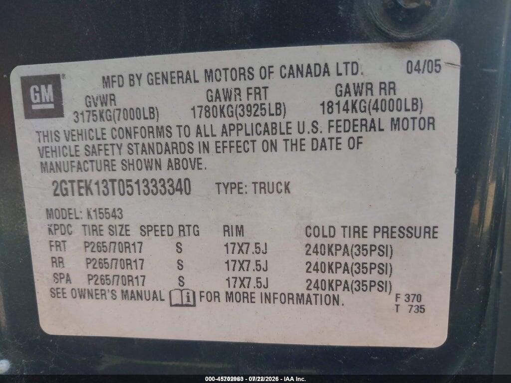 2GTEK13T051333340 2005 GMC SIERRA 1500 photo no. 9
