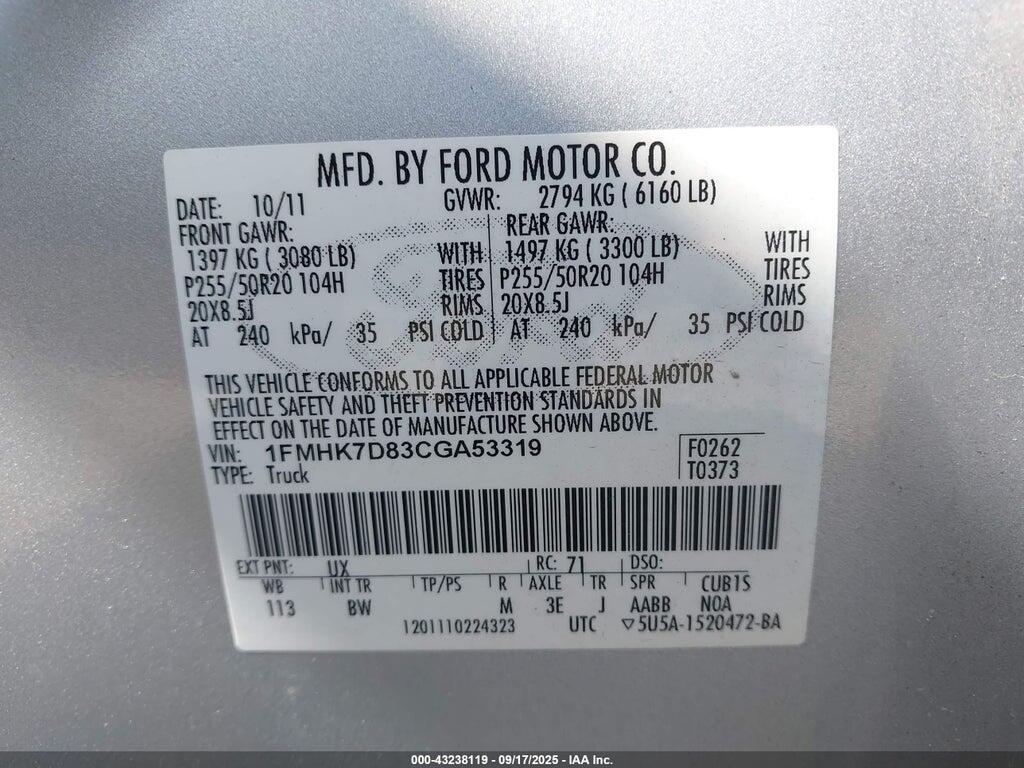 1FMHK7D83CGA53319 2012 FORD EXPLORER photo no. 9