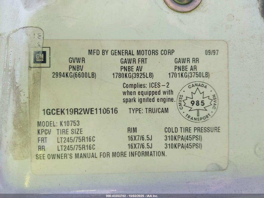 1GCEK19R2WE110616 1998 CHEVROLET K1500 photo no. 9