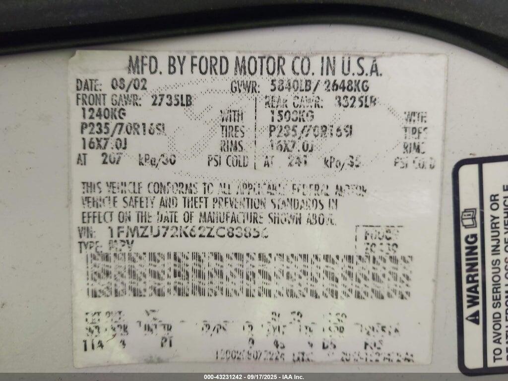 1FMZU72K62ZC83856 2002 FORD EXPLORER photo no. 9