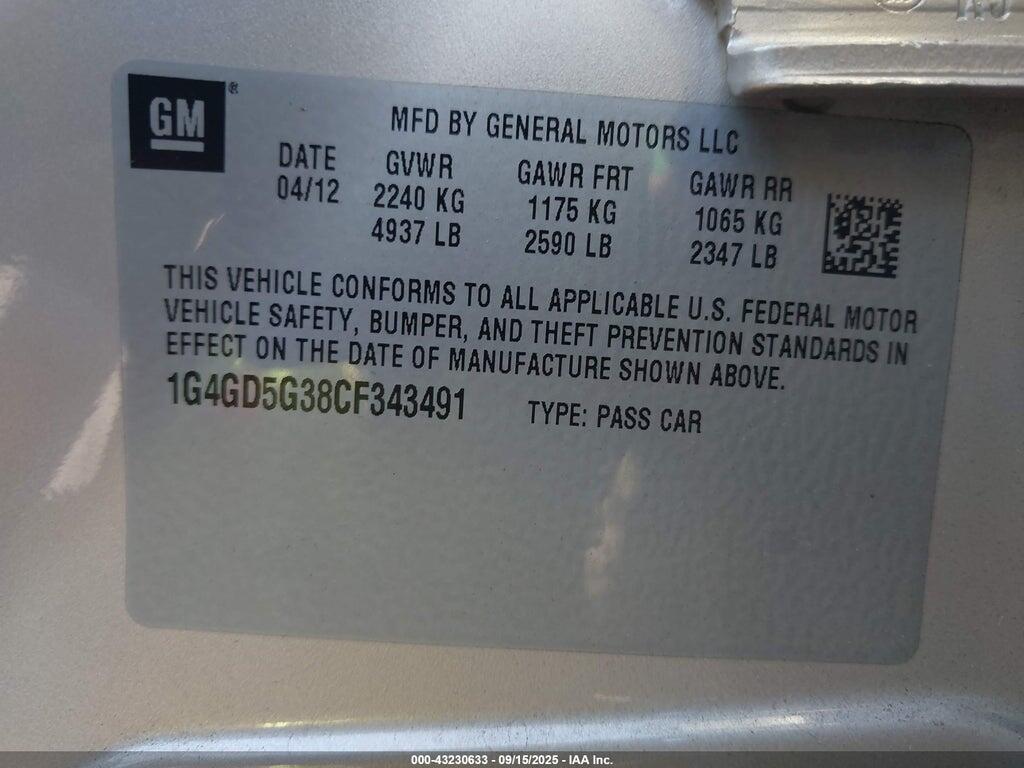 1G4GD5G38CF343491 2012 BUICK LACROSSE photo no. 9