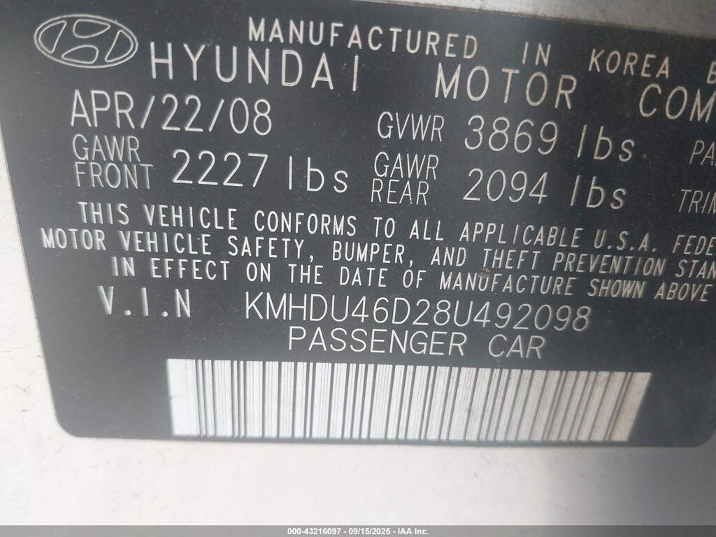 KMHDU46D28U492098 2008 HYUNDAI ELANTRA photo no. 9