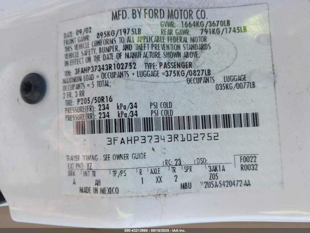 3FAHP37343R102752 2003 FORD FOCUS photo no. 9
