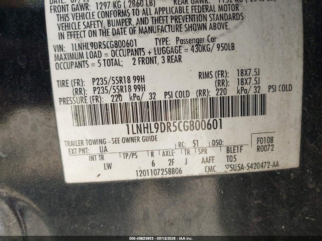 1LNHL9DR5CG800601 2012 LINCOLN MKS photo no. 9