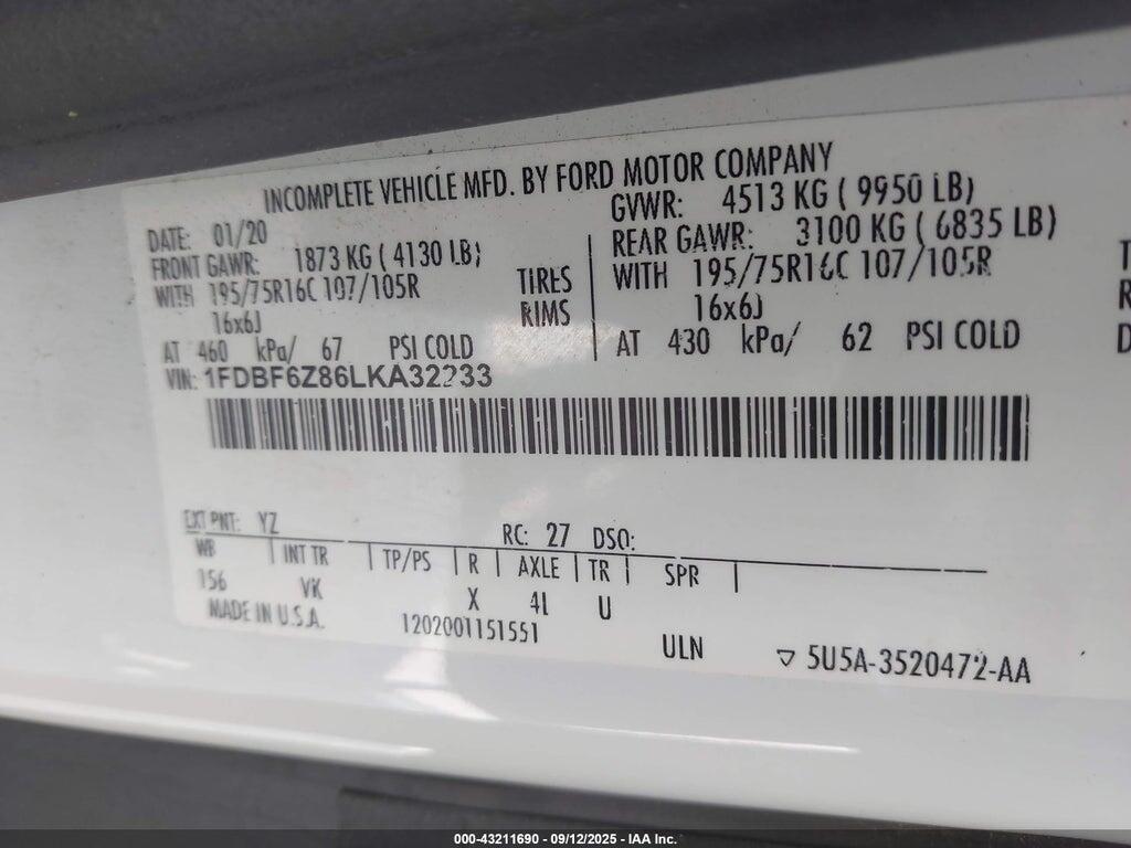 1FDBF6Z86LKA32233 2020 FORD TRANSIT-350 CAB photo no. 9
