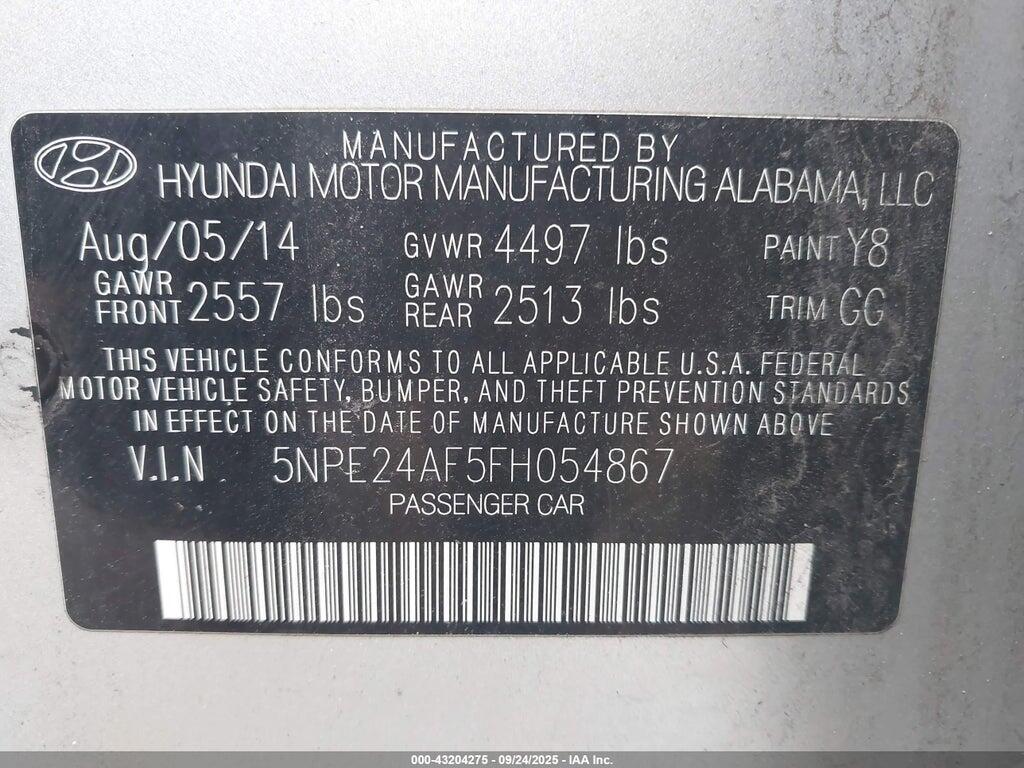 5NPE24AF5FH054867 2015 HYUNDAI SONATA photo no. 9