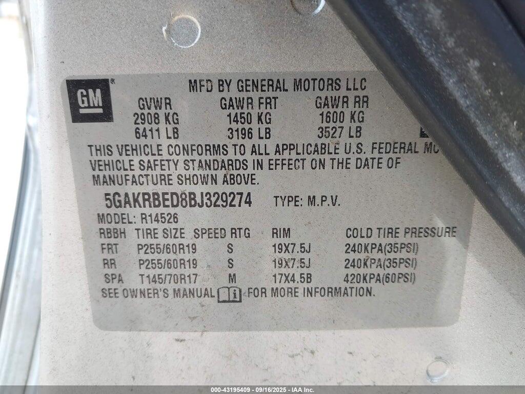 5GAKRBED8BJ329274 2011 BUICK ENCLAVE photo no. 9