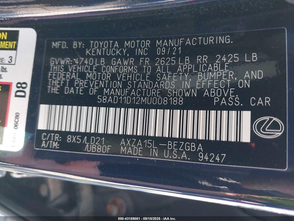 58AD11D12MU008188 2021 LEXUS ES 250 photo no. 9