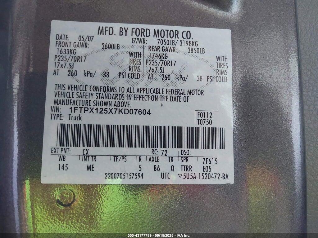 1FTPX125X7KD07604 2007 FORD F-150 photo no. 9