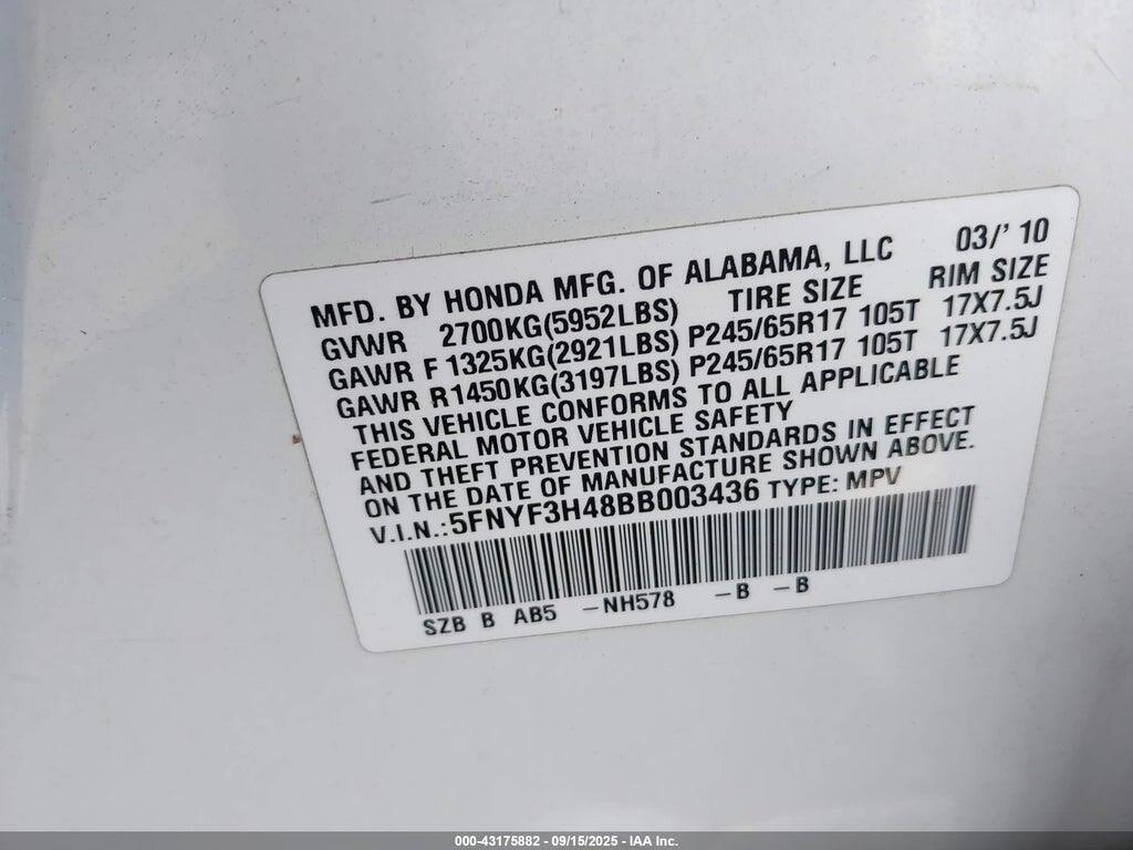 5FNYF3H48BB003436 2011 HONDA PILOT photo no. 9