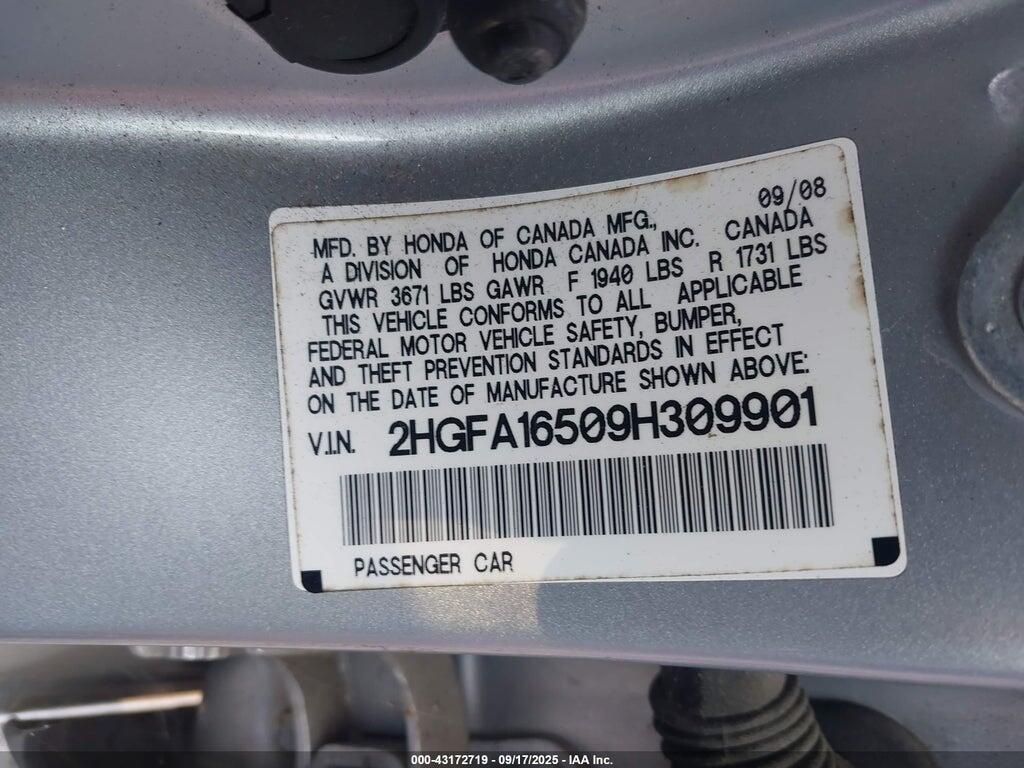 2HGFA16509H309901 2009 HONDA CIVIC photo no. 9
