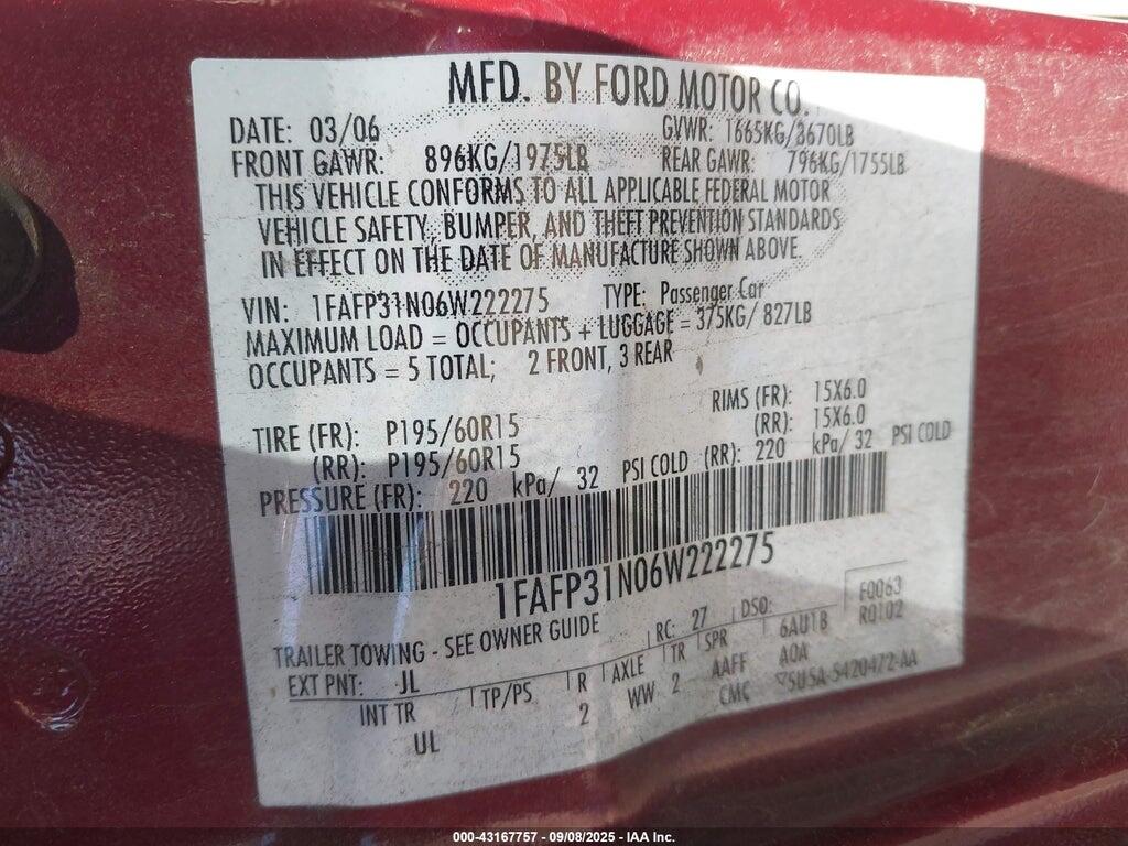1FAFP31N06W222275 2006 FORD FOCUS photo no. 9