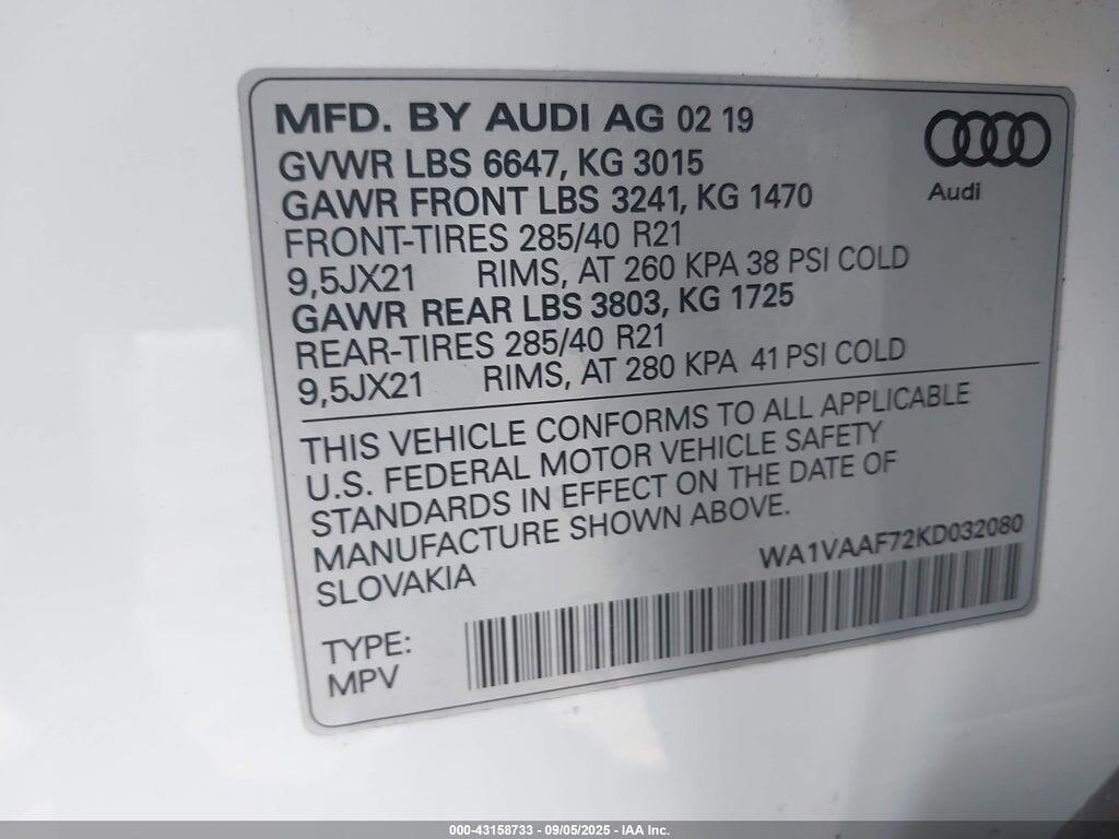 WA1VAAF72KD032080 2019 AUDI Q7 photo no. 9