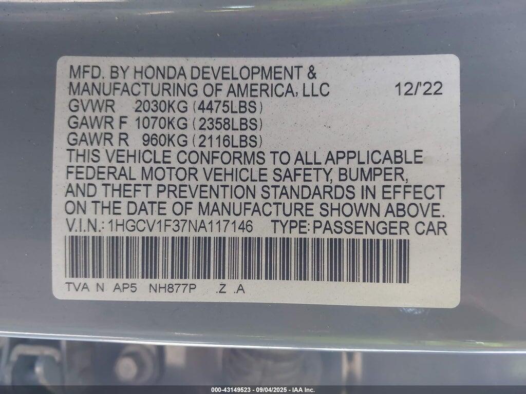 1HGCV1F37NA117146 2022 HONDA ACCORD photo no. 9