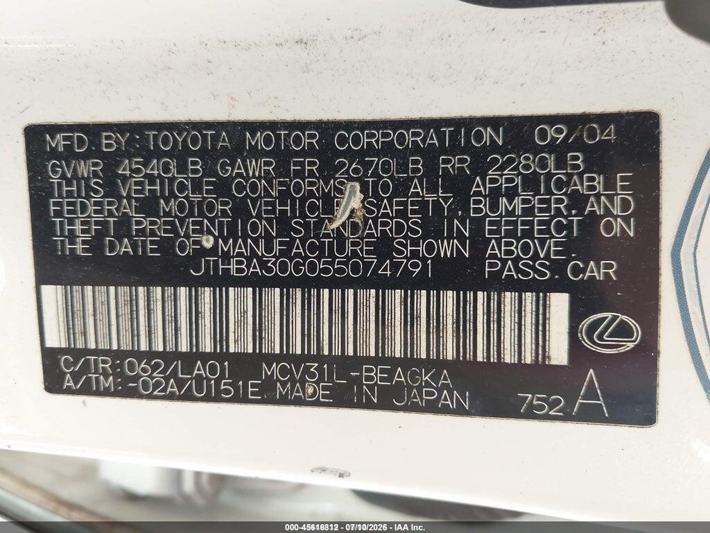 JTHBA30G055074791 2005 LEXUS ES 330 photo no. 9