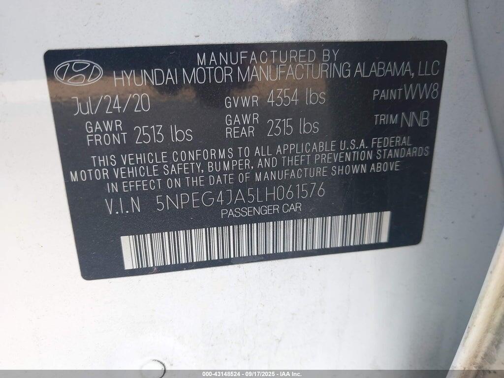 5NPEG4JA5LH061576 2020 HYUNDAI SONATA photo no. 9
