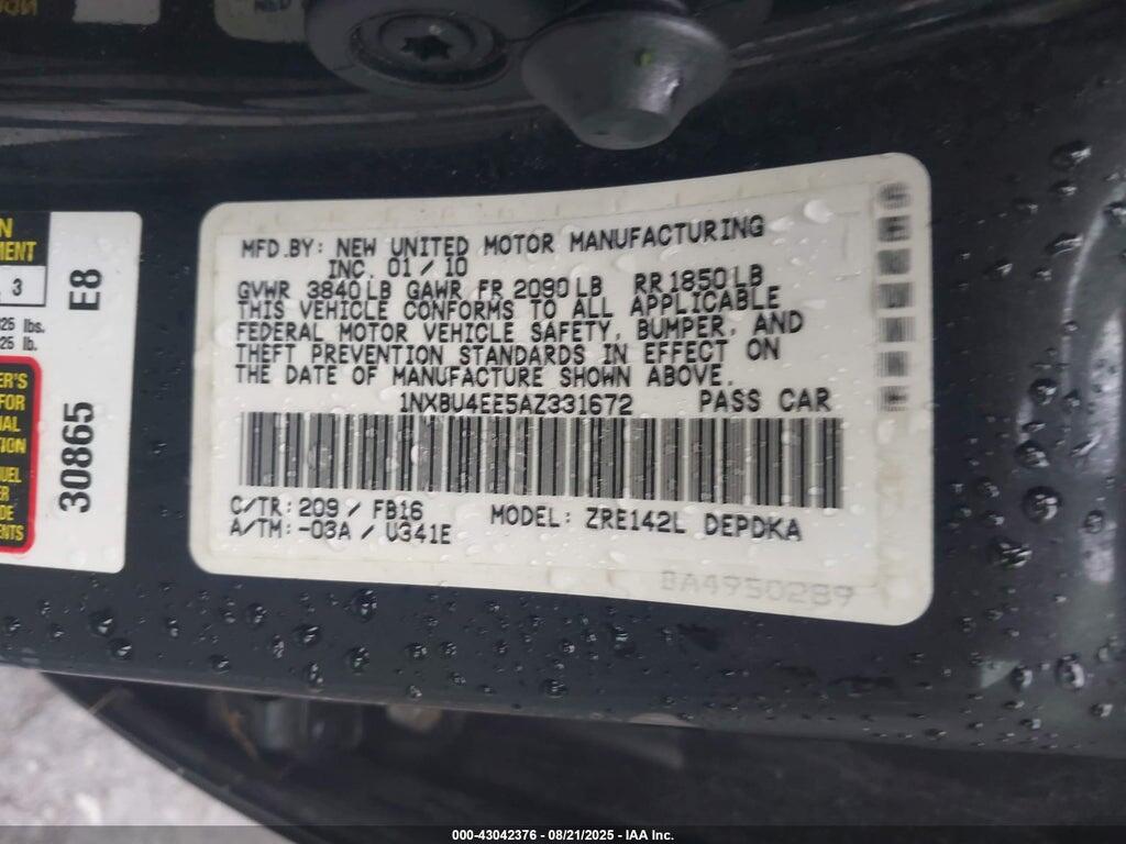 1NXBU4EE5AZ331672 2010 TOYOTA COROLLA photo no. 9