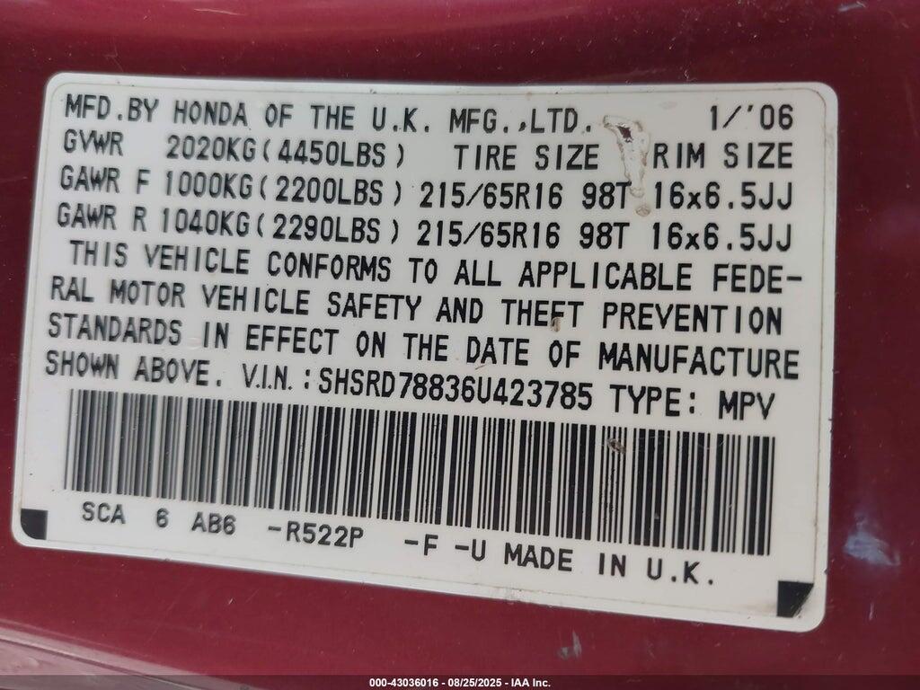 SHSRD78836U423785 2006 HONDA CR-V photo no. 9