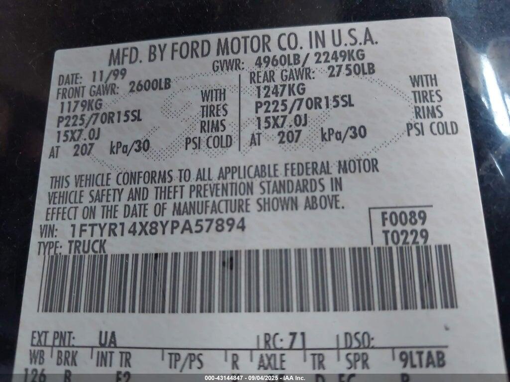 1FTYR14X8YPA57894 2000 FORD RANGER photo no. 9