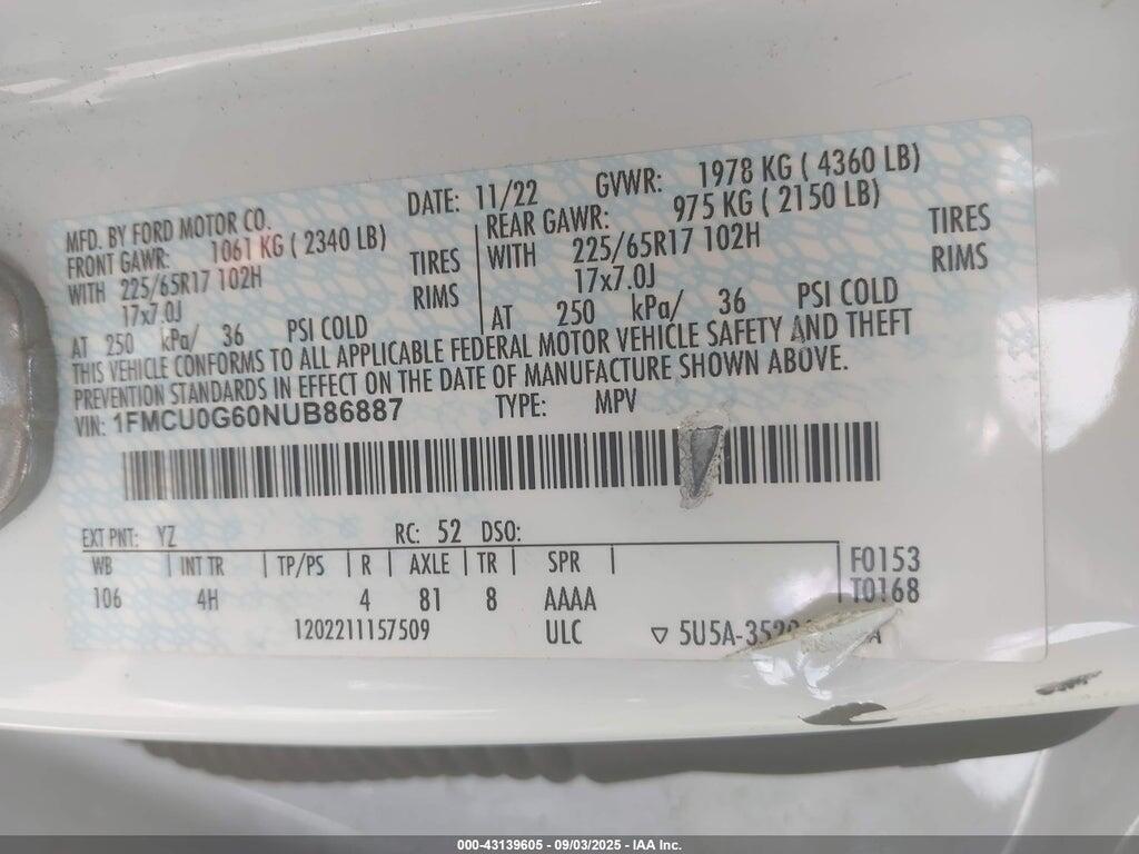 1FMCU0G60NUB86887 2022 FORD ESCAPE photo no. 9
