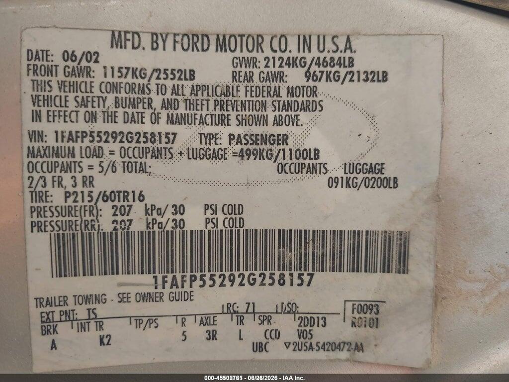 1FAFP55292G258157 2002 FORD TAURUS photo no. 9