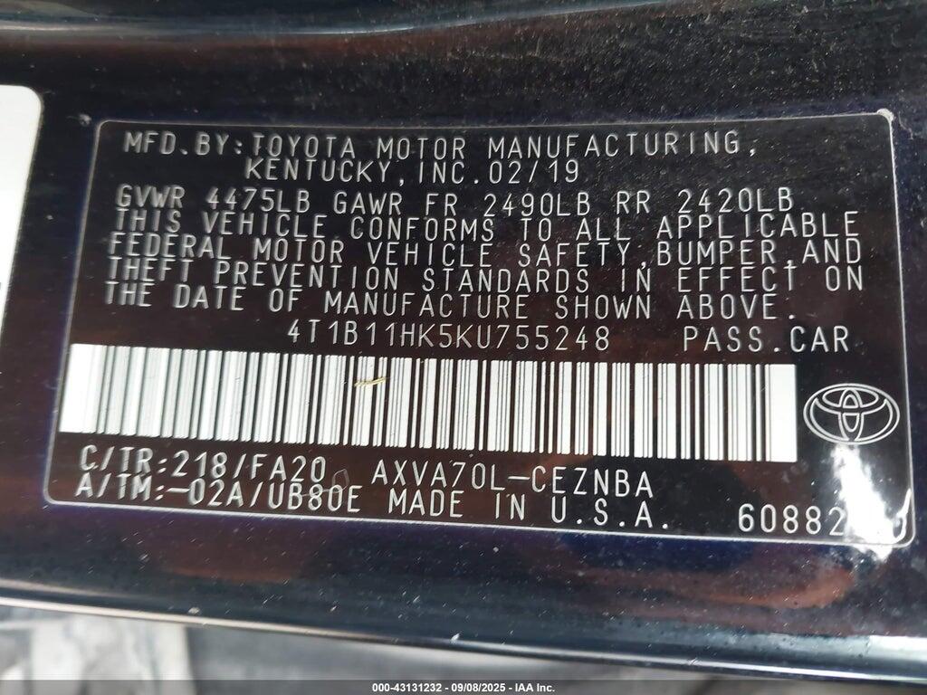 4T1B11HK5KU755248 2019 TOYOTA CAMRY photo no. 9