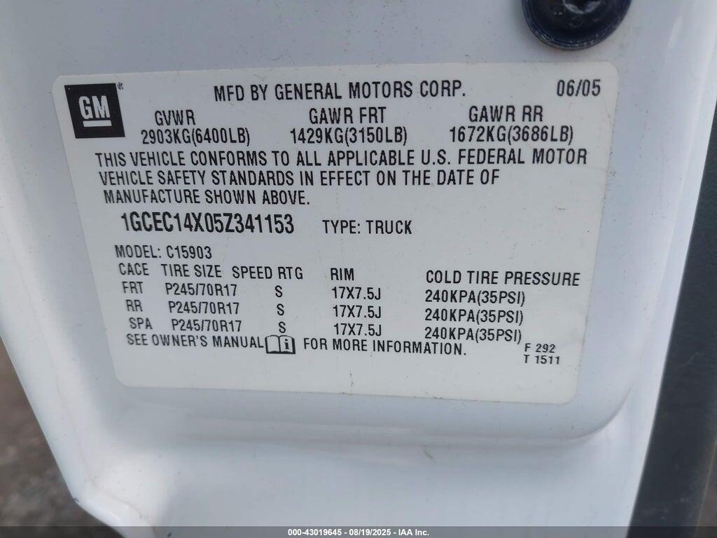 1GCEC14X05Z341153 2005 CHEVROLET SILVERADO 1500 photo no. 9